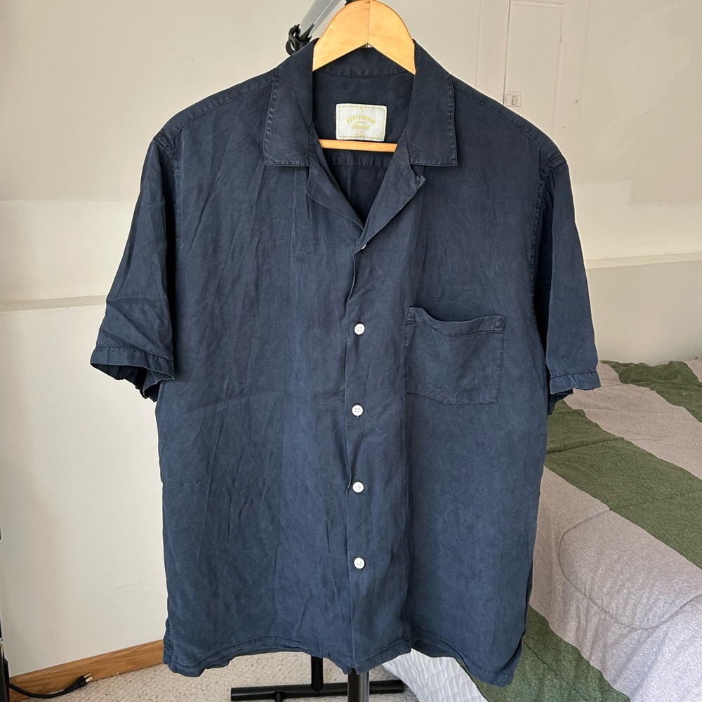 Portuguese Flannel Button Down Short Sleeve Shirt Navy Blue Men’s XL